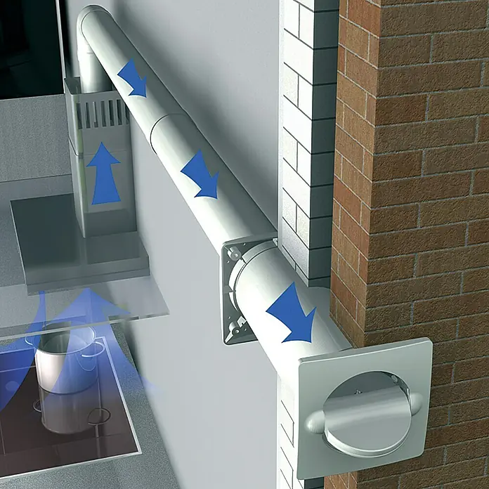 Air-Circle Aeroboy Energiespar-Mauerkasten - Durchmesser: 100 mm, Max. Luftleistung: 300 m³/h, Weiß - Illustration eines Dunstabzugssystems mit Rohren und blauen Pfeilen, die den Luftstrom zeigen.