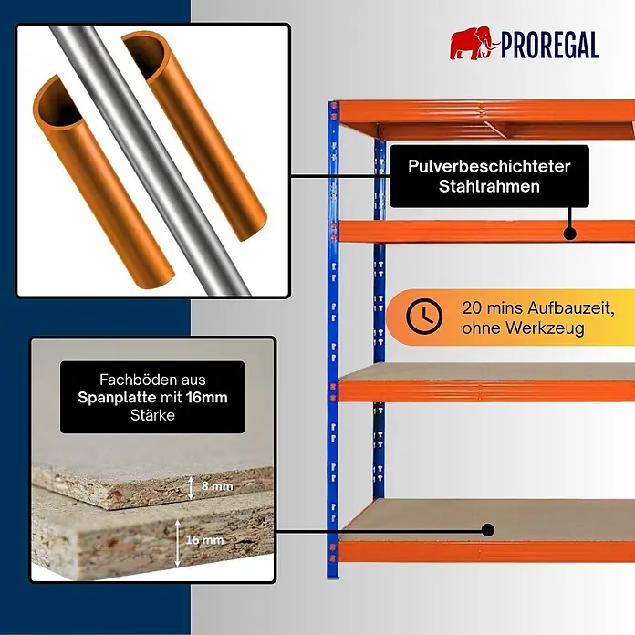 Profi Schwerlastregal Rhino | HxBxT 200x200x60cm | 4 Spanplatten-Ebenen 16mm | Fachlast 500kg | Blau/Orange -  - Regal mit pulverbeschichtetem Stahlrahmen und 16mm Spanplattenböden. 20 Minuten Aufbauzeit ohne Werkzeug.