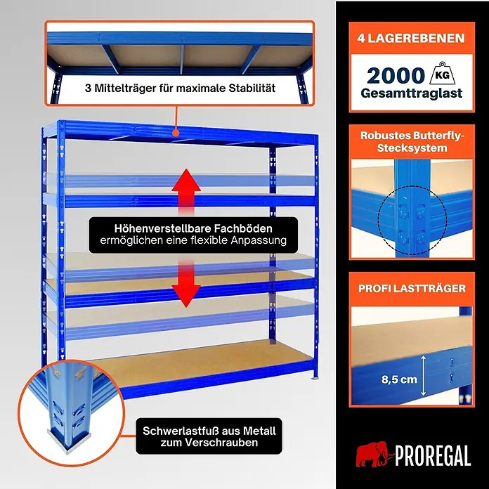 Proregal Schwerlastregal Profi RHINO - Traglast pro Boden: 500 kg, Anzahl Böden: 4 Stk., Stecken, Blau - Ein blaues Schwerlastregal aus Metall mit vier höhenverstellbaren Ebenen und 2000 kg Gesamttraglast.