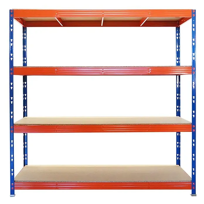 Profi Schwerlastregal Rhino | HxBxT 200x200x60cm | 4 Spanplatten-Ebenen 16mm | Fachlast 500kg | Blau/Orange -  - Ein Metallregal mit blauen Pfosten und orangefarbenen Querträgern, das vier braune Spanplattenböden hat.