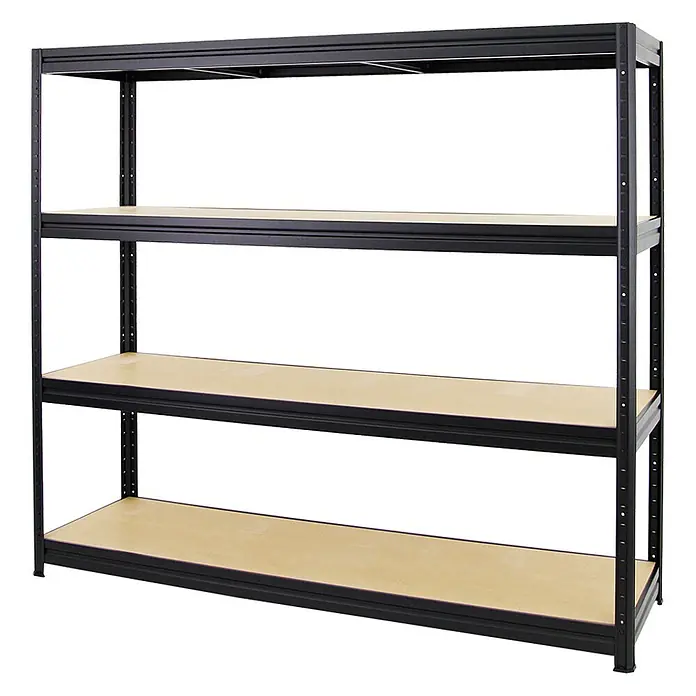 Proregal Schwerlastregal DINO - H x B x T: 180 x 180 x 60 cm, Traglast pro Boden: 500 kg, Anzahl Böden: 4 Stk., Stecken, Schwarz - Schwarzes Metallregal mit vier hellen Holzablagen.