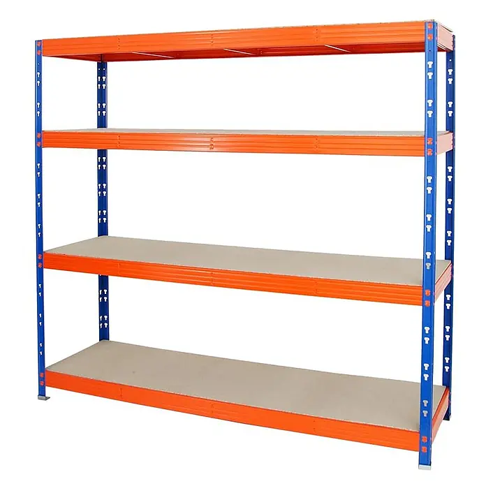 Proregal Schwerlastregal Profi RHINO - Traglast pro Boden: 500 kg, Anzahl Böden: 4 Stk., Stecken, Blau - Vierstufiges Schwerlastregal mit blauen Metallpfosten, orangefarbenen Trägern und hellgrauen Ablagen.