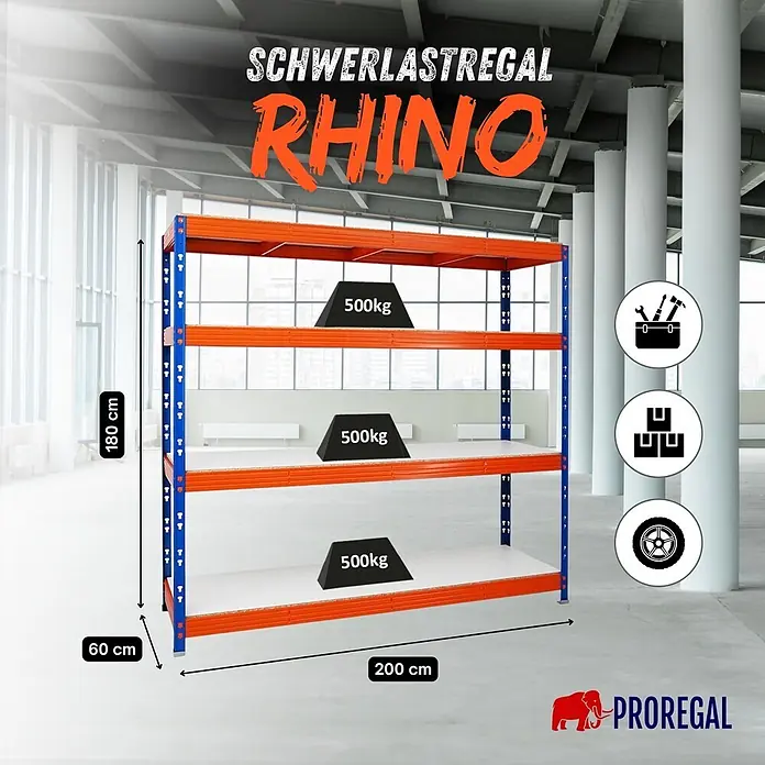 Proregal Schwerlastregal Profi RHINO - Traglast pro Boden: 500 kg, Anzahl Böden: 4 Stk., Stecken, Blau - Blau-orange Schwerlastregal RHINO, 180x200x60 cm, mit 4 Ebenen, je 500kg Tragkraft.
