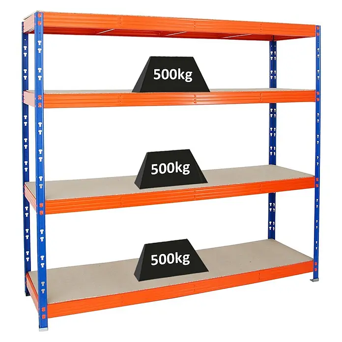 Proregal Schwerlastregal Profi RHINO - Traglast pro Boden: 500 kg, Anzahl Böden: 4 Stk., Stecken, Blau - Schwerlastregal mit orangefarbenen Trägern, blauen Ständern und vier Fachböden, jeder belastbar bis 500kg.