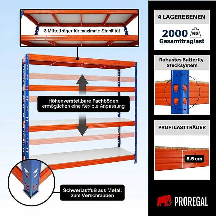 Proregal Schwerlastregal Profi RHINO - Traglast pro Boden: 500 kg, Anzahl Böden: 4 Stk., Stecken, Blau - Blau-orange Schwerlastregal mit 4 höhenverstellbaren Böden, 2000kg Gesamttraglast und Metallfüßen.