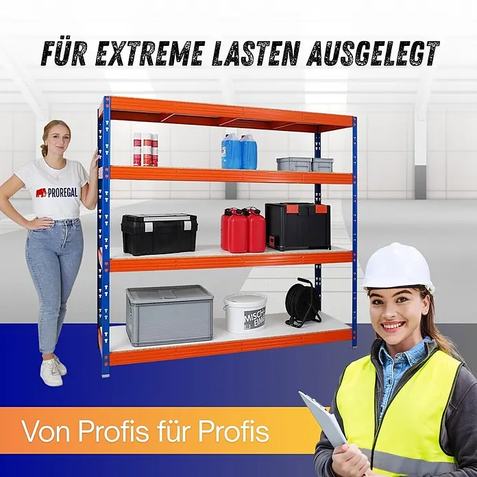 Proregal Schwerlastregal Profi RHINO - Traglast pro Boden: 500 kg, Anzahl Böden: 4 Stk., Stecken, Blau - Robuste blau-orange Schwerlastregal im Lager, beladen mit verschiedenen Materialien.