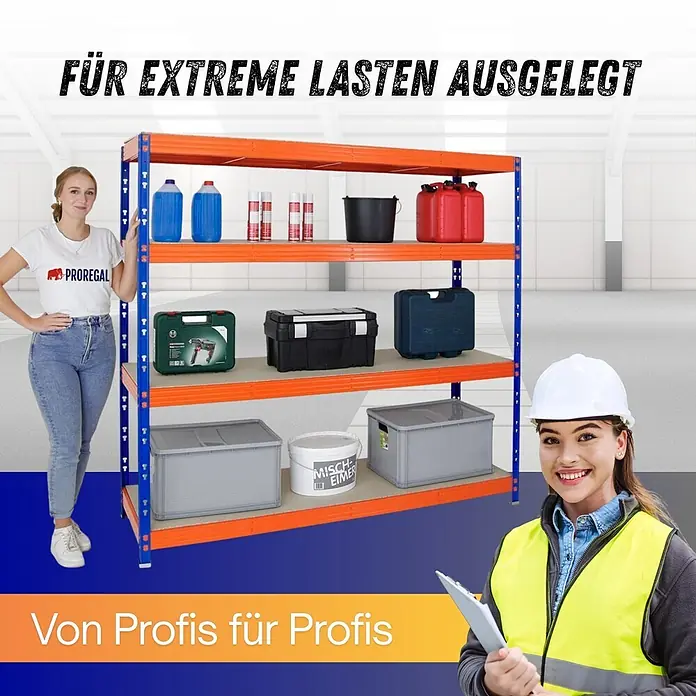 Proregal Schwerlastregal Profi RHINO - Traglast pro Boden: 500 kg, Anzahl Böden: 4 Stk., Stecken, Blau - Blau-orange Schwerlastregal aus Stahl in einem Lager, für extreme Lasten ausgelegt. Es trägt Werkzeuge und Lagerartikel.