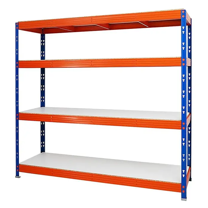 Proregal Schwerlastregal Profi RHINO - Traglast pro Boden: 500 kg, Anzahl Böden: 4 Stk., Stecken, Blau - Orange-blaues Metallregal mit vier weißen Regalböden zur Lagerung.