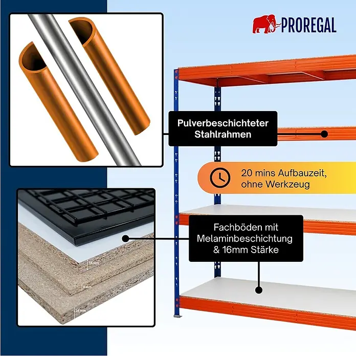 Proregal Schwerlastregal Profi RHINO - Traglast pro Boden: 500 kg, Anzahl Böden: 4 Stk., Stecken, Blau - Blau-orange Regaleinheit mit pulverbeschichtetem Stahlrahmen und 16mm melaminbeschichteten Fachböden, werkzeuglos in 20 Minuten montierbar.