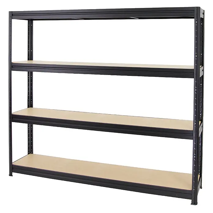Proregal Schwerlastregal DINO - Traglast pro Boden: 500 kg, Anzahl Böden: 4 Stk., Stecken, Schwarz - Schwarzmetallregal mit vier hellbraunen Holzregalböden zur vielseitigen Lagerung.