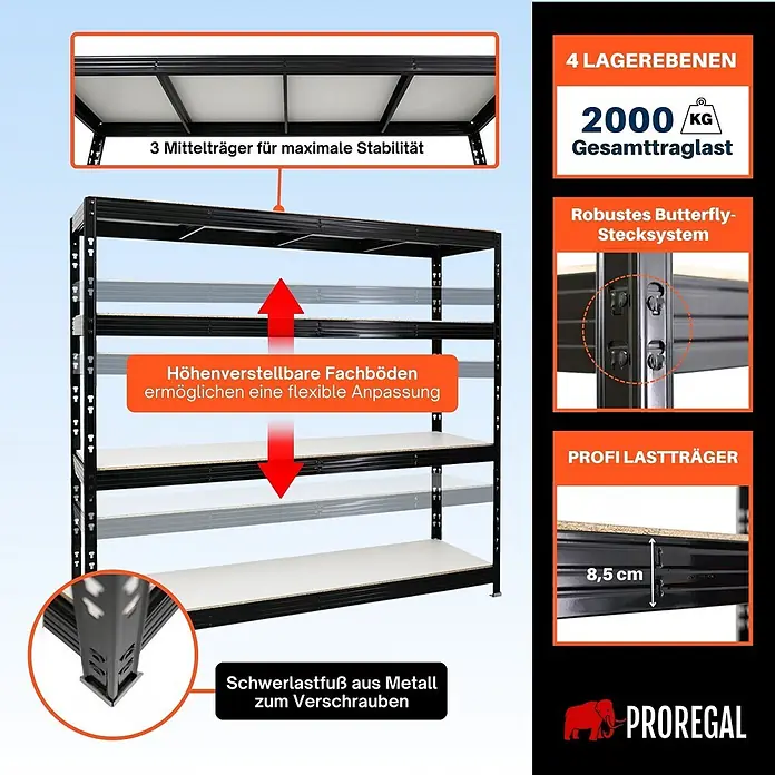 Proregal Schwerlastregal Profi RHINO - H x B x T: 180 x 200 x 60 cm, Traglast pro Boden: 500 kg, Anzahl Böden: 4 Stk., Stecken, Schwarz - Schwarzes Schwerlastregal mit 4 höhenverstellbaren Fachböden und 2000 kg Gesamttraglast.