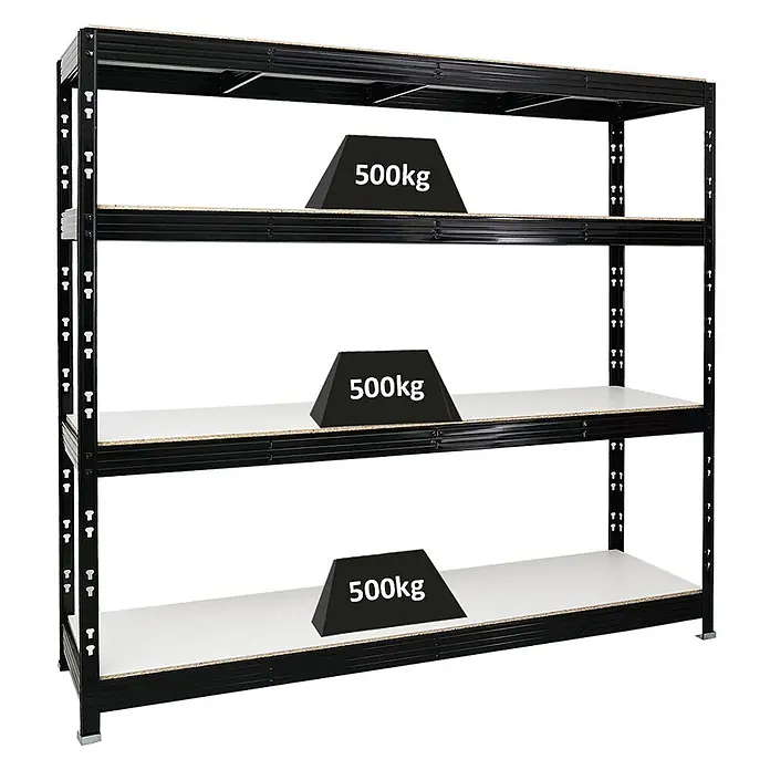 Proregal Schwerlastregal Profi RHINO - H x B x T: 180 x 200 x 60 cm, Traglast pro Boden: 500 kg, Anzahl Böden: 4 Stk., Stecken, Schwarz - Schwerlastregal aus schwarzem Metall mit vier weißen Ablagen, jeweils für 500kg ausgelegt.