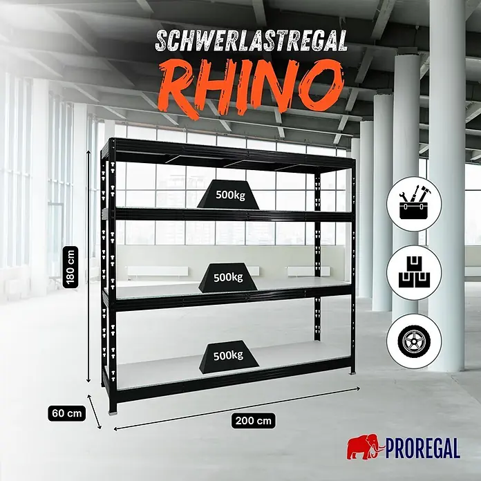 Proregal Schwerlastregal Profi RHINO - H x B x T: 180 x 200 x 60 cm, Traglast pro Boden: 500 kg, Anzahl Böden: 4 Stk., Stecken, Schwarz - Schwarzes Schwerlastregal aus Metall, 180x200x60 cm, mit 4 Böden je 500kg Traglast, in einer Lagerhalle.
