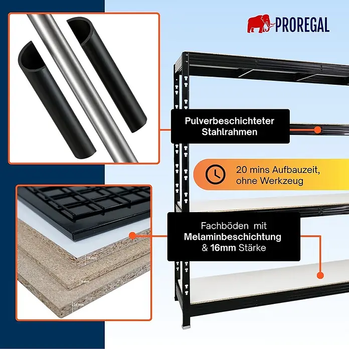Proregal Schwerlastregal Profi RHINO - H x B x T: 180 x 200 x 60 cm, Traglast pro Boden: 500 kg, Anzahl Böden: 4 Stk., Stecken, Schwarz - Schwarzes Schwerlastregal mit pulverbeschichtetem Stahlrahmen und 16mm melaminbeschichteten Fachböden, werkzeuglos in 20 Min. montierbar.