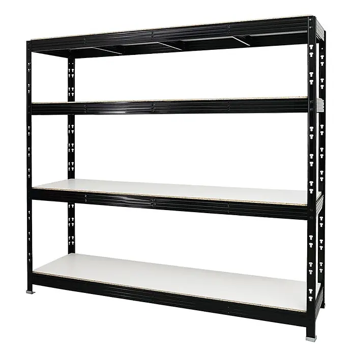 Proregal Schwerlastregal Profi RHINO - H x B x T: 180 x 200 x 60 cm, Traglast pro Boden: 500 kg, Anzahl Böden: 4 Stk., Stecken, Schwarz - Schwerlast-Regal aus schwarzem Metall mit vier weißen Ablageböden.