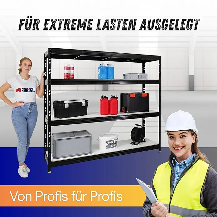 Proregal Schwerlastregal Profi RHINO - H x B x T: 180 x 200 x 60 cm, Traglast pro Boden: 500 kg, Anzahl Böden: 4 Stk., Stecken, Schwarz - Schwarzes Schwerlastregal mit hellen Einlegeböden in einer Lagerhalle, demonstriert von zwei Frauen, ausgelegt für extreme Lasten.