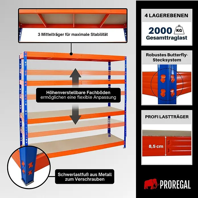 Proregal Schwerlastregal Profi RHINO - Traglast pro Boden: 500 kg, Anzahl Böden: 4 Stk., Stecken, Blau - Hochlastregal aus orange-blauem Metall mit 4 höhenverstellbaren Ebenen und 2000 kg Gesamttraglast für maximale Stabilität.