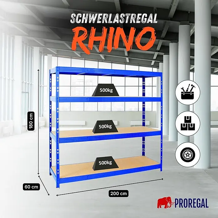 Proregal Schwerlastregal Profi RHINO - Traglast pro Boden: 500 kg, Anzahl Böden: 4 Stk., Stecken, Blau - Blaues Schwerlastregal (Rhino Modell) mit vier Böden, 500 kg Tragkraft pro Fach, in einer Lagerhalle.