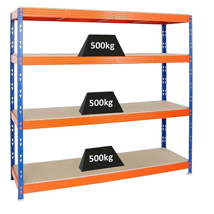 Proregal Schwerlastregal Profi RHINO - Traglast pro Boden: 500 kg, Anzahl Böden: 4 Stk., Stecken, Blau - Blau-orangenes Metallregal mit Holzablagen, jede trägt ein 500kg Gewicht.
