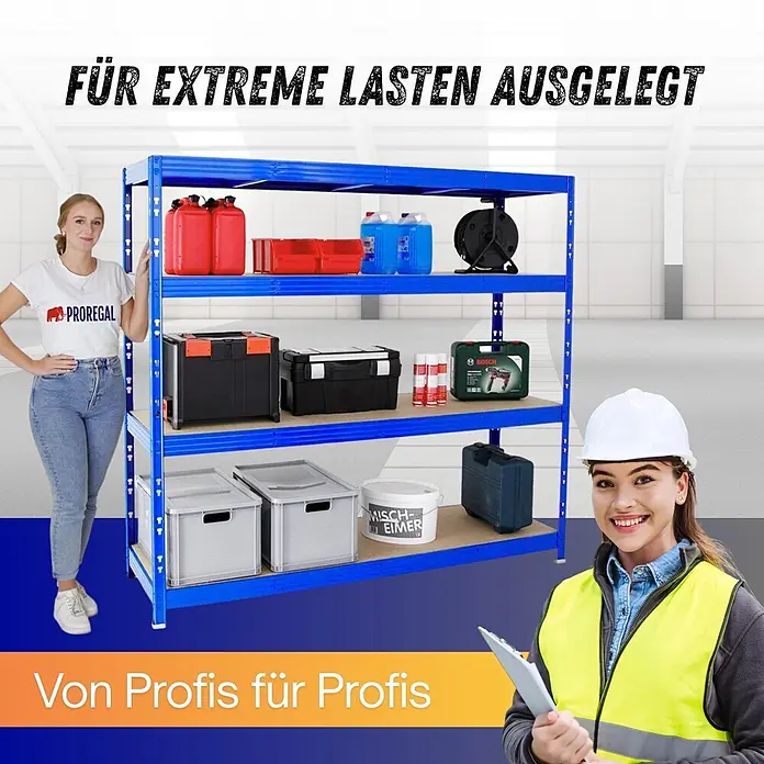 Proregal Schwerlastregal Profi RHINO - Traglast pro Boden: 500 kg, Anzahl Böden: 4 Stk., Stecken, Blau - Blaue Metallregaleinheit für Werkzeuge und Vorräte, mit zwei Frauen zur Veranschaulichung von Größe und professioneller Nutzung.