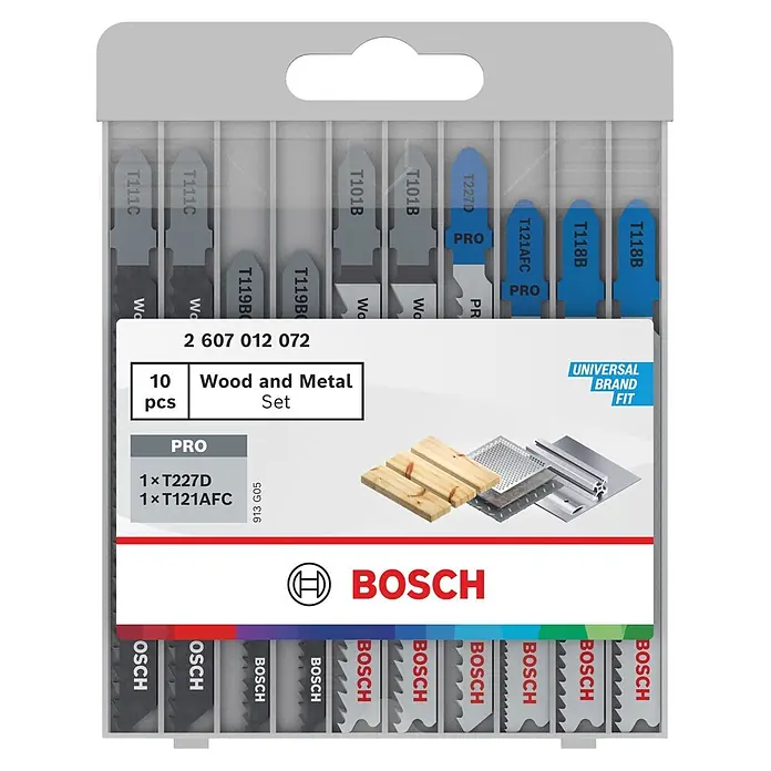 Bosch Juego de hojas de sierra de calar Advance - Madera / metal, 10 pzs., Vástago en T - Un juego de 10 hojas de sierra de calar Bosch para madera y metal, en un envase transparente. Las hojas son grises y azules.