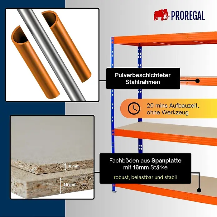 Proregal Schwerlastregal Profi RHINO - Traglast pro Boden: 500 kg, Anzahl Böden: 4 Stk., Stecken, Blau - Blau-orange Schwerlastregal mit pulverbeschichtetem Stahlrahmen und 16mm Spanplattenböden, werkzeuglose Montage in 20 Min.
