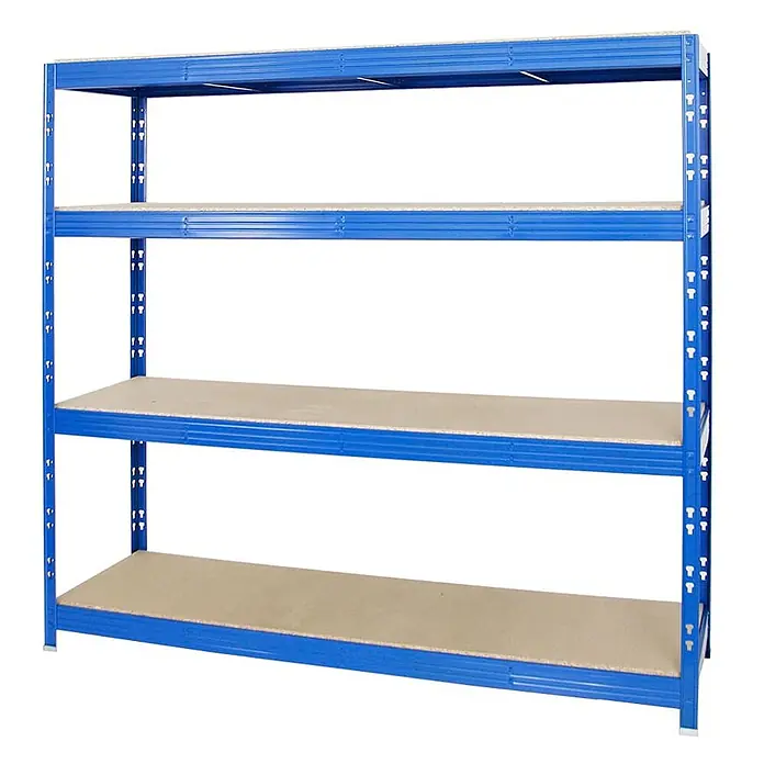 Proregal Schwerlastregal Profi RHINO - Traglast pro Boden: 500 kg, Anzahl Böden: 4 Stk., Stecken, Blau - Blaues Metallregal mit vier Holzablagen, geeignet zur Lagerung.