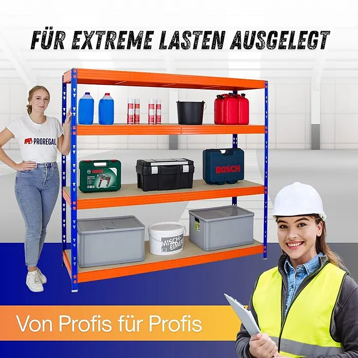 Proregal Schwerlastregal Profi RHINO - Traglast pro Boden: 500 kg, Anzahl Böden: 4 Stk., Stecken, Blau - Schwerlast-Metallregal mit orangefarbenen Böden und blauen Pfosten, von Profis präsentiert. Für extreme Lasten ausgelegt.