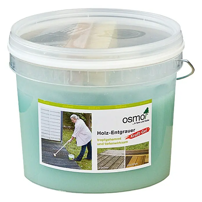 Osmo Holz-Entgrauer - 2,5 l - Ein Eimer Osmo Holz-Entgrauer Kraft-Gel zur effektiven Reinigung und Aufhellung von vergrautem Holz im Außenbereich. Das Gel ist tropfgehemmt und tiefenwirksam.