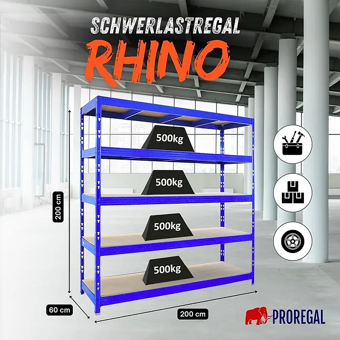 Proregal Schwerlastregal Profi RHINO - Traglast pro Boden: 500 kg, Anzahl Böden: 5 Stk., Stecken, Schwarz - Blaues Schwerlastregal, 200x60x200cm, für 500kg pro Boden in einer Lagerhalle.