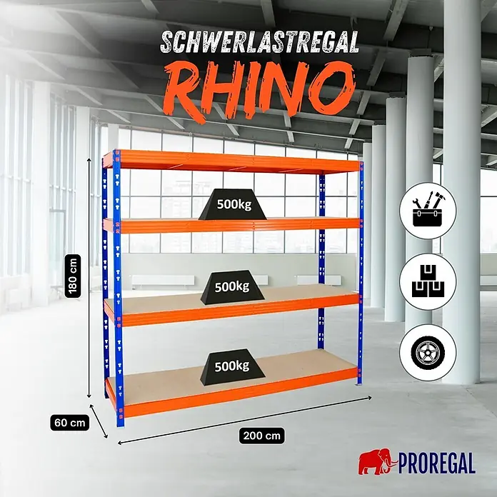 Proregal Schwerlastregal Profi RHINO - Traglast pro Boden: 500 kg, Anzahl Böden: 4 Stk., Stecken, Blau - Ein blau-orangefarbenes RHINO Schwerlastregal mit vier Holzablagen, 180x200x60cm, jede 500kg tragend.