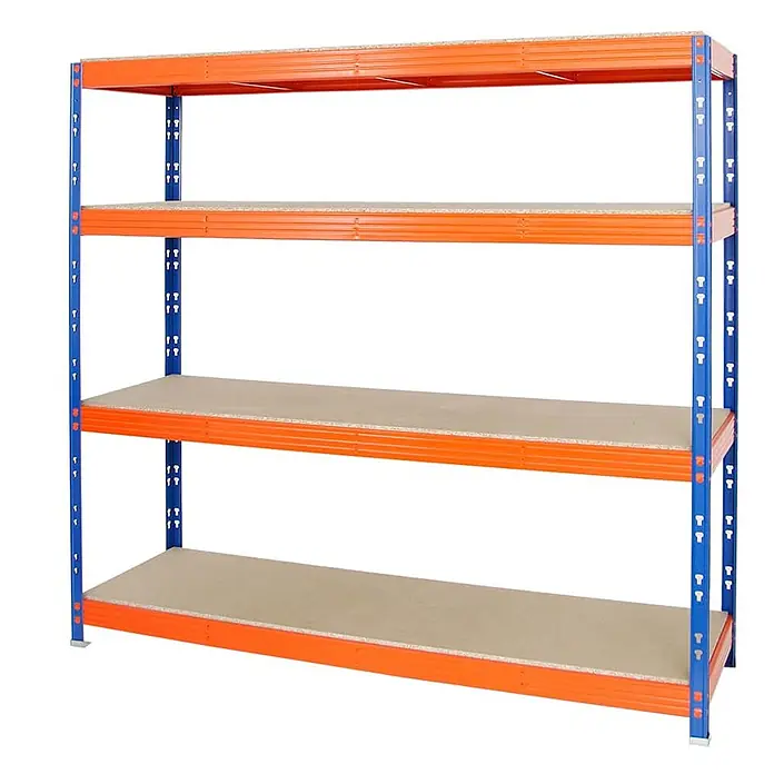 Proregal Schwerlastregal Profi RHINO - Traglast pro Boden: 500 kg, Anzahl Böden: 4 Stk., Stecken, Blau - Schwerlastregal mit vier Ebenen, blauen Metallpfosten, orangefarbenen Metallträgern und hellbraunen Holzregalböden.