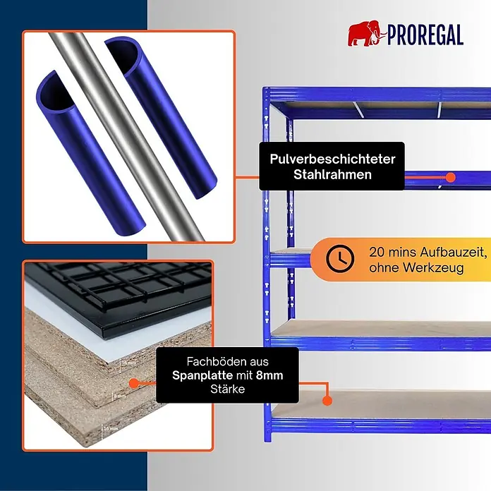 Proregal Schwerlastregal Profi RHINO - Traglast pro Boden: 500 kg, Anzahl Böden: 5 Stk., Stecken, Schwarz - Blaues, pulverbeschichtetes Stahlregal mit 8mm Spanplattenböden, werkzeuglos in 20 Min. montierbar.