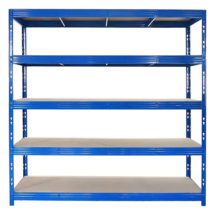Proregal Schwerlastregal Profi RHINO - Traglast pro Boden: 500 kg, Anzahl Böden: 5 Stk., Stecken, Schwarz - Fünf-etagiges blaues Metallregal mit hellen Holzablagen zur Aufbewahrung.