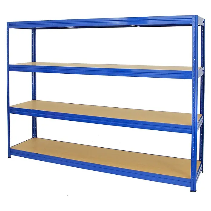 Proregal Schwerlastregal DINO - Traglast pro Boden: 450 kg, Anzahl Böden: 4 Stk., Stecken, Blau - Robustes blaues Metallregal mit drei braunen Holzablagen.