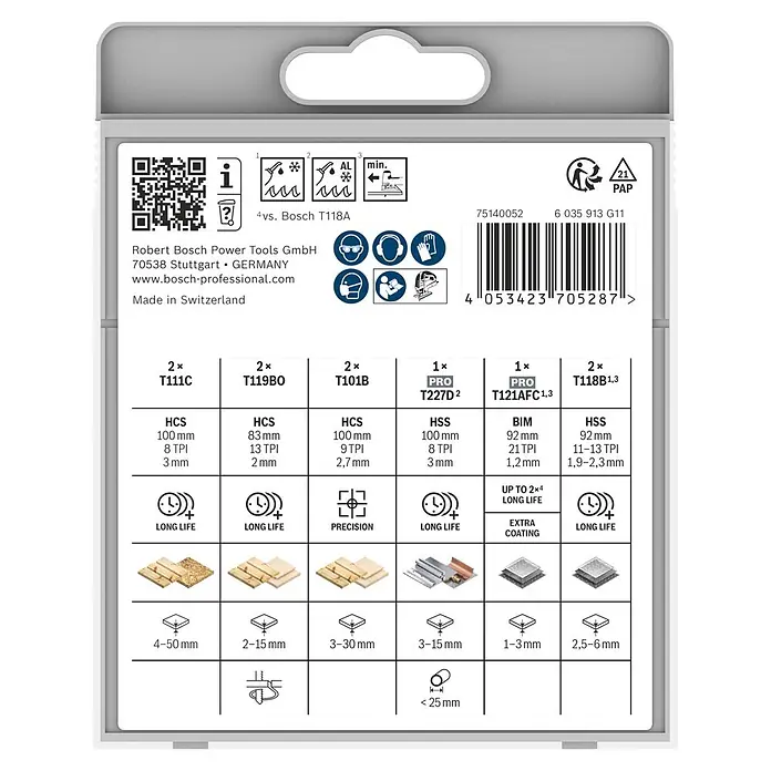 Bosch Juego de hojas de sierra de calar Advance - Madera / metal, 10 pzs., Vástago en T - Embalaje de un set de hojas de sierra caladora Bosch gris y blanco, con detalles de tipos de hojas y usos.