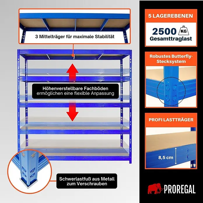 Proregal Schwerlastregal Profi RHINO - Traglast pro Boden: 500 kg, Anzahl Böden: 5 Stk., Stecken, Schwarz - Blaues Metall Schwerlastregal mit 5 verstellbaren Fachböden, hebt 2500 kg Traglast und robuste Bauweise hervor.