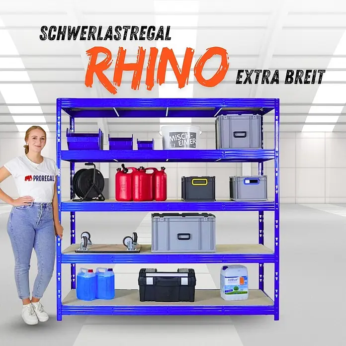 Proregal Schwerlastregal Profi RHINO - Traglast pro Boden: 500 kg, Anzahl Böden: 5 Stk., Stecken, Schwarz - Extra breites blaues Metall-Schwerlastregal, mit Frau zur Skalenansicht und verschiedenen Gegenständen beladen.