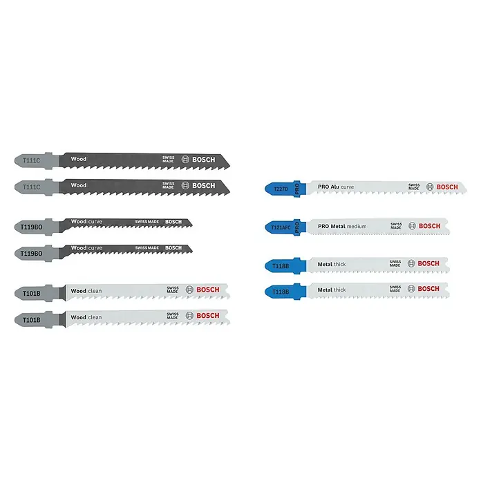 Bosch Juego de hojas de sierra de calar Advance - Madera / metal, 10 pzs., Vástago en T - Una colección de hojas de sierra de calar Bosch en varios tipos para cortar madera y metal.