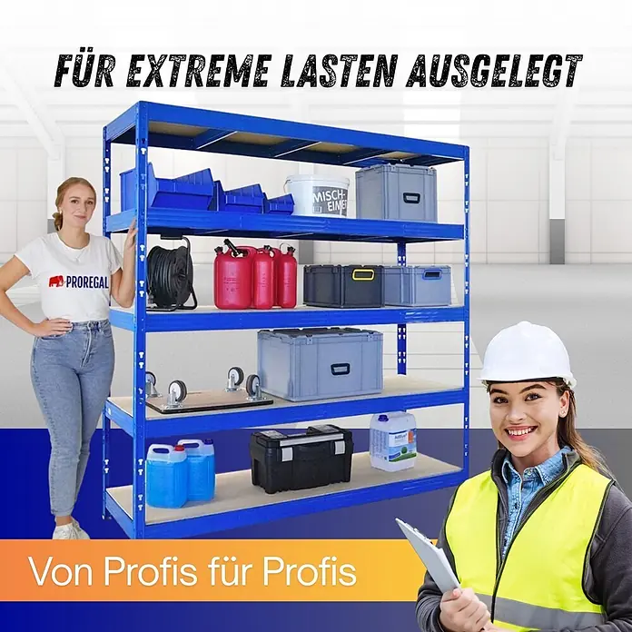Proregal Schwerlastregal Profi RHINO - Traglast pro Boden: 500 kg, Anzahl Böden: 5 Stk., Stecken, Schwarz - Blaues Metallregal für schwere Lasten, in einem Lager mit verschiedenen Artikeln und zwei Frauen zur Veranschaulichung der Größe.