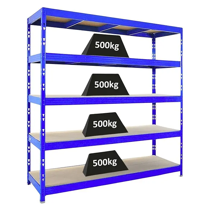 Proregal Schwerlastregal Profi RHINO - Traglast pro Boden: 500 kg, Anzahl Böden: 5 Stk., Stecken, Schwarz - Blaues Metall-Schwerlastregal mit fünf Böden, von denen vier eine Tragfähigkeit von 500 kg zeigen.