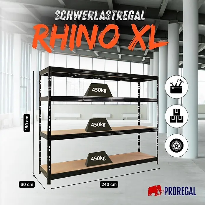 Proregal Schwerlastregal Profi RHINO - Traglast pro Boden: 450 kg, Anzahl Böden: 4 Stk., Stecken, Schwarz - Schwarzes Schwerlastregal, 180x240x60cm, mit 4 Böden für je 450kg. Ideal für robuste Lagerung.
