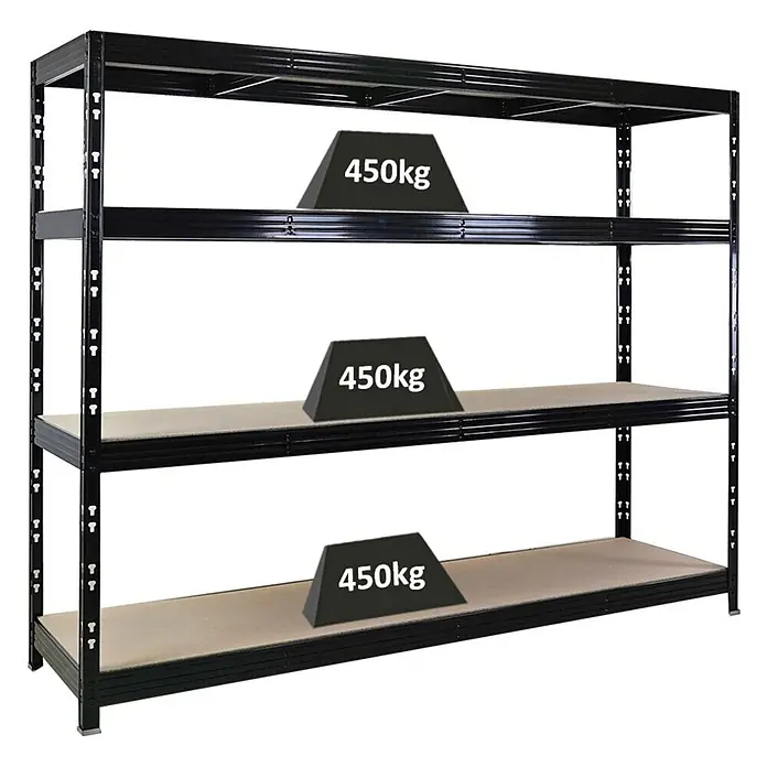 Proregal Schwerlastregal Profi RHINO - Traglast pro Boden: 450 kg, Anzahl Böden: 4 Stk., Stecken, Schwarz - Schwarzes Hochleistungs-Metallregal mit vier Fachböden, jeder belastbar bis 450 kg.
