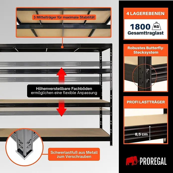 Proregal Schwerlastregal Profi RHINO - Traglast pro Boden: 450 kg, Anzahl Böden: 4 Stk., Stecken, Schwarz - Schwarzes Schwerlastregal mit 4 verstellbaren Holzböden, robuste Metallkonstruktion.