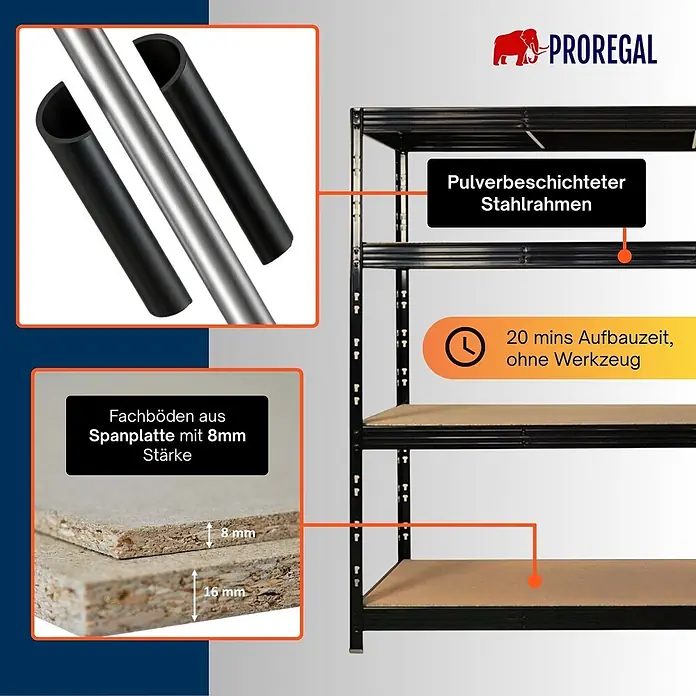 Proregal Schwerlastregal Profi RHINO - Traglast pro Boden: 450 kg, Anzahl Böden: 4 Stk., Stecken, Schwarz - Schwarzes pulverbeschichtetes Stahlregal mit 8mm Spanplattenböden für einfache, werkzeuglose Montage.