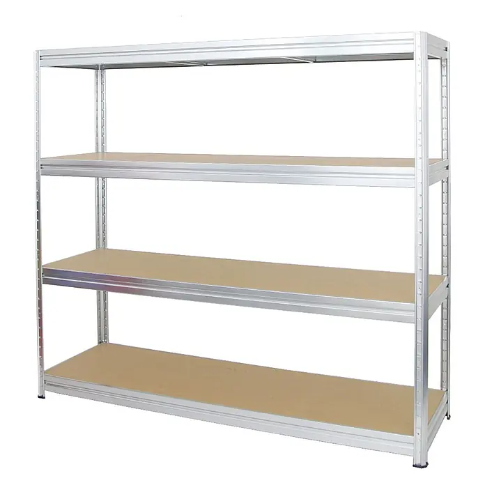 Proregal Schwerlastregal DINO - H x B x T: 180 x 200 x 60 cm, Traglast pro Boden: 500 kg, Anzahl Böden: 4 Stk., Stecken, Verzinkt - Silbernes Metallregal mit vier hellbraunen Holzablagen, geeignet zur Lagerung.