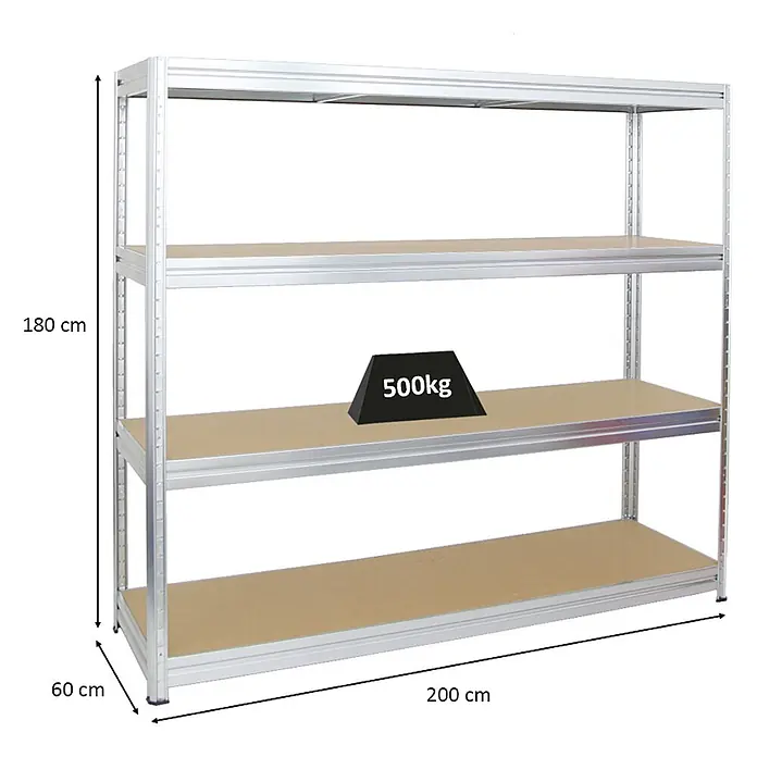 Proregal Schwerlastregal DINO - H x B x T: 180 x 200 x 60 cm, Traglast pro Boden: 500 kg, Anzahl Böden: 4 Stk., Stecken, Verzinkt - Silbernes Metallregal mit vier hellbraunen Holzablagen. Maße: 180x200x60 cm, Traglast 500kg.