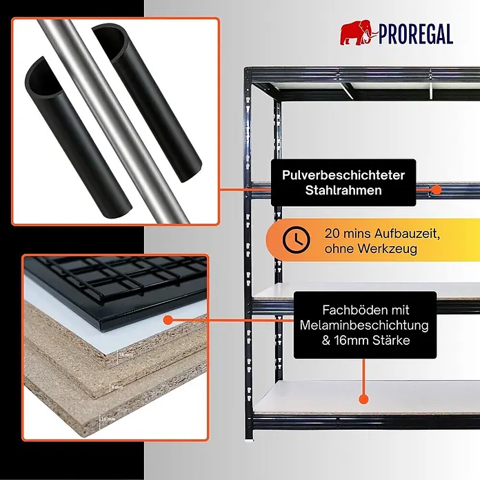 Proregal Schwerlastregal Profi RHINO - H x B x T: 200 x 200 x 60 cm, Traglast pro Boden: 500 kg, Anzahl Böden: 4 Stk., Stecken, Schwarz - Regal mit pulverbeschichtetem Stahlrahmen und 16mm melaminbeschichteten Fachböden; 20 Minuten werkzeuglose Montage.