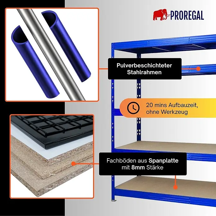 Proregal Schwerlastregal Profi RHINO - Traglast pro Boden: 500 kg, Anzahl Böden: 5 Stk., Stecken, Blau - Blauer, pulverbeschichteter Stahlregal mit 8mm Spanplattenböden, werkzeuglose Montage.