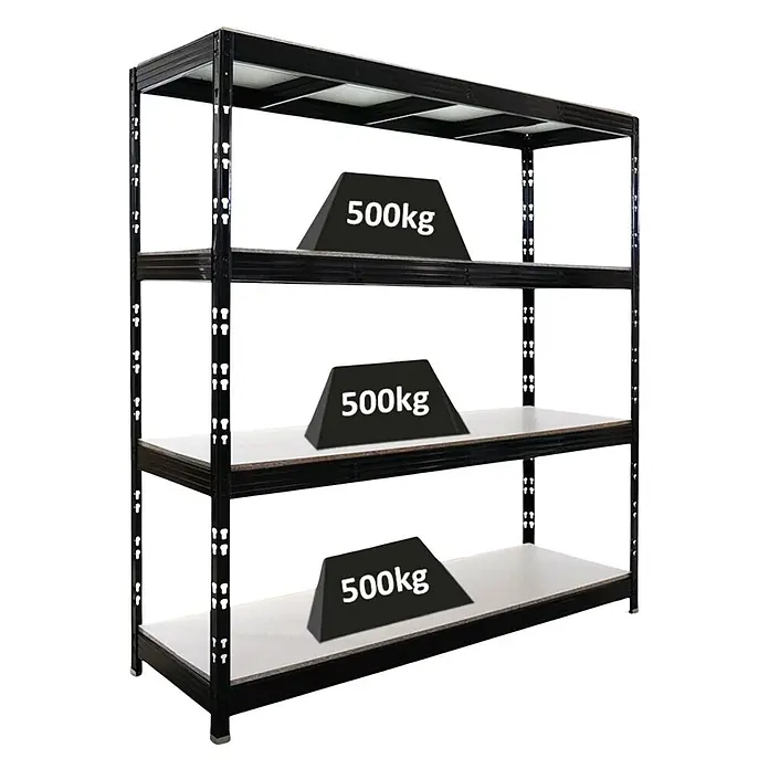Proregal Schwerlastregal Profi RHINO - H x B x T: 200 x 200 x 60 cm, Traglast pro Boden: 500 kg, Anzahl Böden: 4 Stk., Stecken, Schwarz - Schwarzes Metall-Schwerlastregal mit drei Böden, jeder für 500kg Traglast.